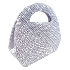 Sasha Satin‎ & Pearl Embellished Purse Women's 7" x 9" White Feminine Coquette